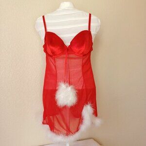 Inner Secrets Santa Xmas Holiday Sheer Negligee Teddy Red & White Womens Medium